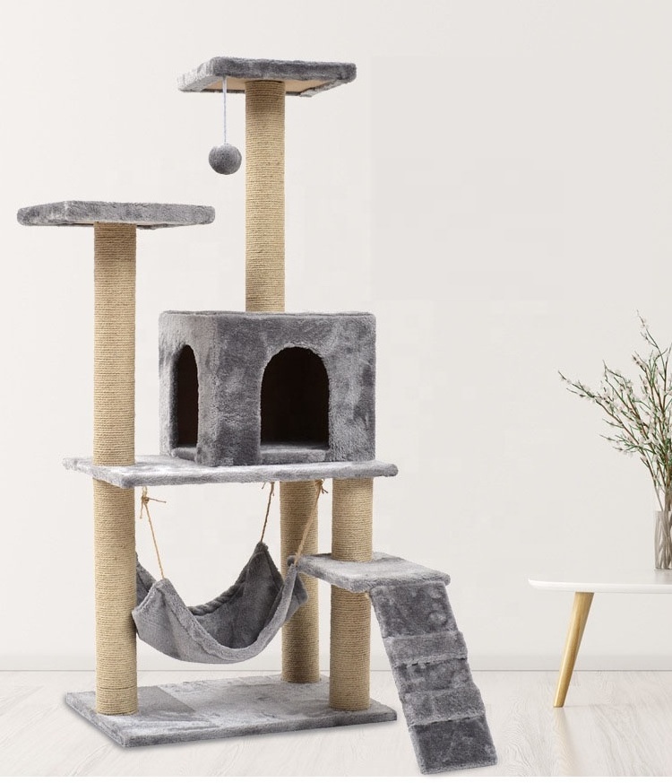 Hot Sale Home Style Natural Pet Sisal Wood Climbing Furniture Cat Tree Scratcher Post with Condo House Hammock