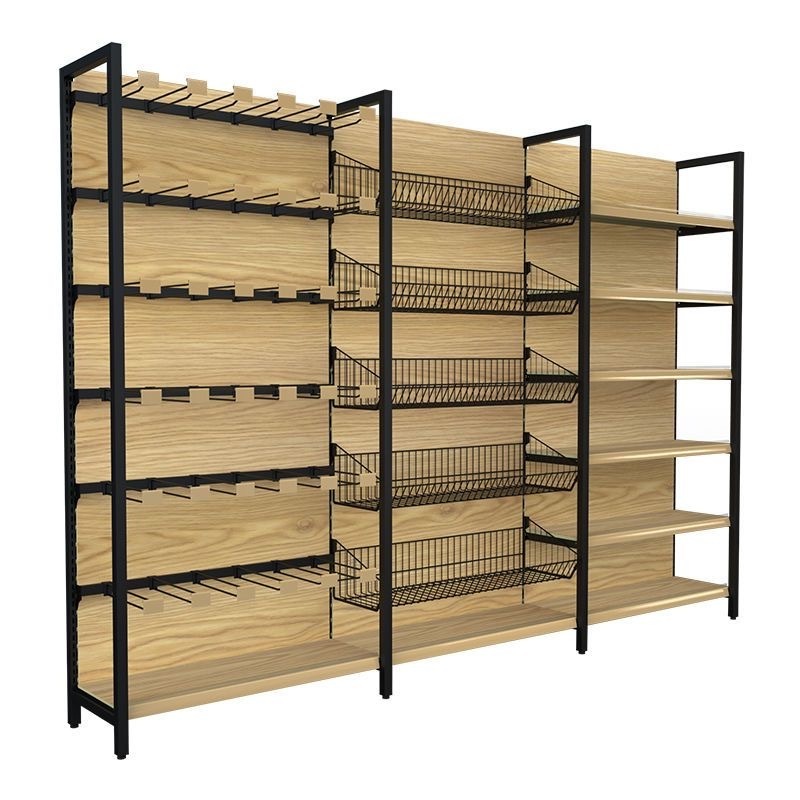 New Design Wooden Supermarket Shelf Steel Wood Grain Combined Display Store Shelves Retail Shelf Grocery Rac