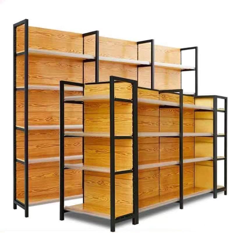 New Design Wooden Supermarket Shelf Steel Wood Grain Combined Display Store Shelves Retail Shelf Grocery Rac