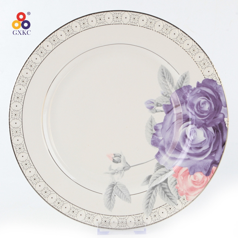 Europe decorative gold plate restaurant ceramic plates with flower decal