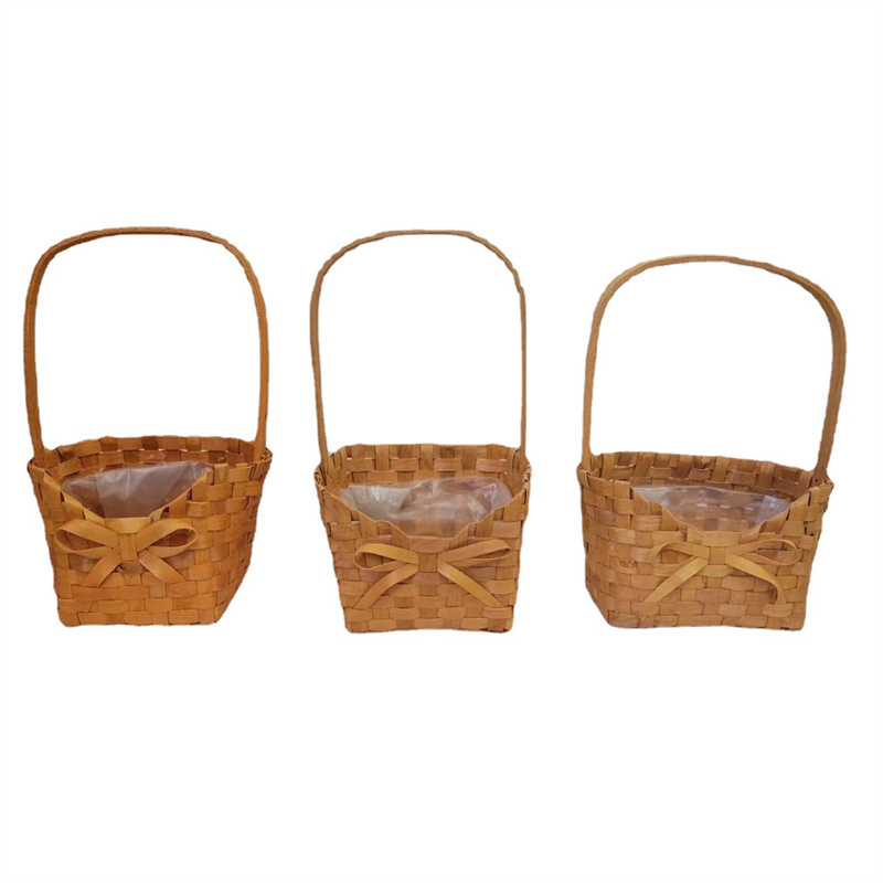 Hot Sale Wood Ribbon With Handle Lace Home Decorative Wood Chip Woven Flower Basket