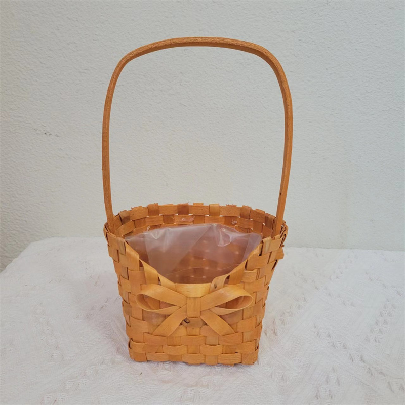 Hot Sale Wood Ribbon With Handle Lace Home Decorative Wood Chip Woven Flower Basket