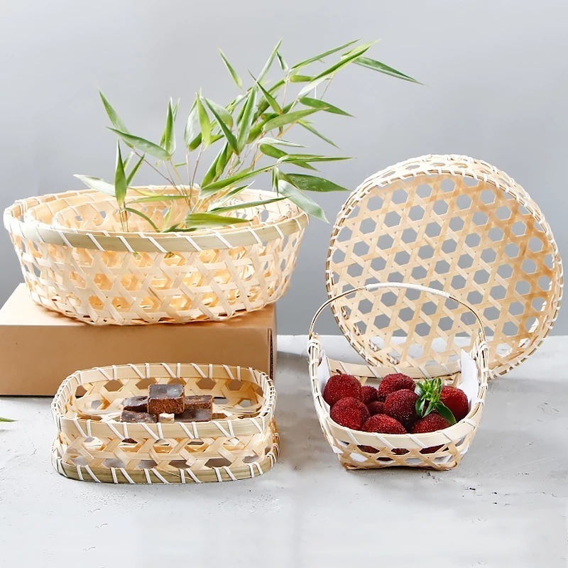 Natural Handmade Woven Egg Snack Storage Tray Square Fruit Flower Gift Baskets Flat Bamboo Sushi Basket