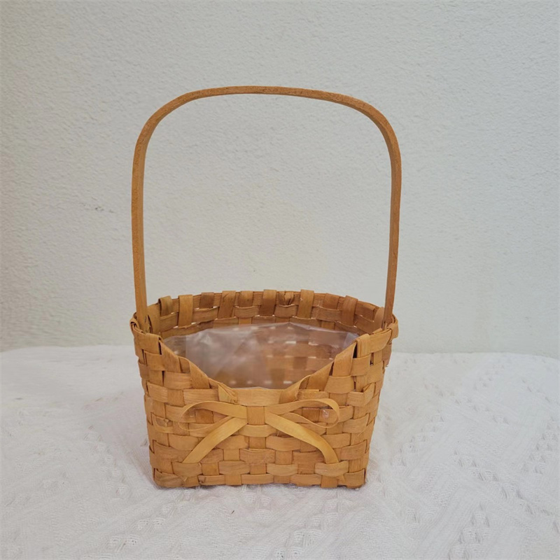 Hot Sale Wood Ribbon With Handle Lace Home Decorative Wood Chip Woven Flower Basket