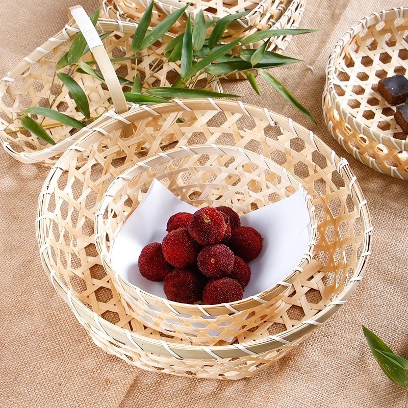 Natural Handmade Woven Egg Snack Storage Tray Square Fruit Flower Gift Baskets Flat Bamboo Sushi Basket