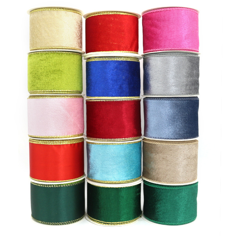 China Wholesale Custom Luxury Color Electronic Velvet Wired Edge Ribbon Plaid Red Gold Rolls Christmas Ribbon for Gift Wrapping