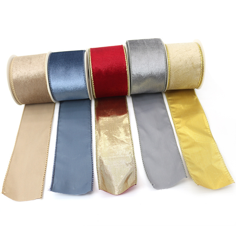 China Wholesale Custom Luxury Color Electronic Velvet Wired Edge Ribbon Plaid Red Gold Rolls Christmas Ribbon for Gift Wrapping