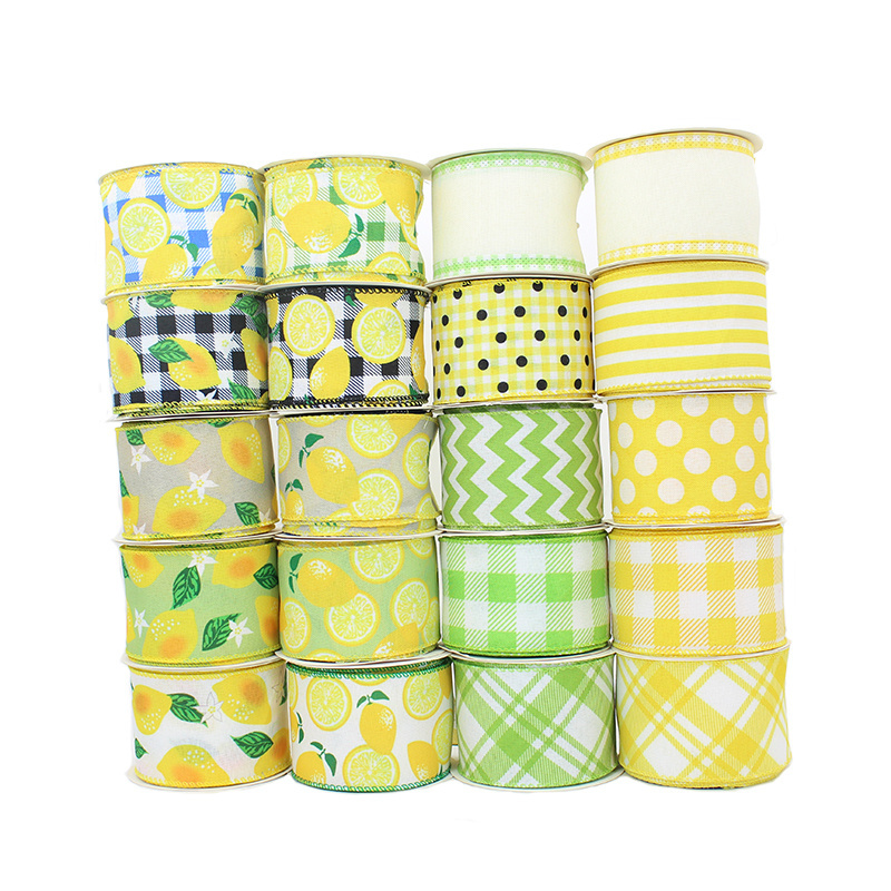 GX Ribbons OEM Custom 2.5inch Green Plaid Lemon Fruit Printing Grosgrain Polyester christmas ribbon wired edge ribbon