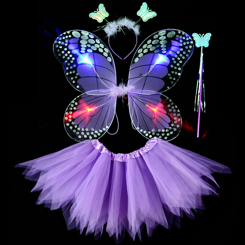 New Kids Birthday Butterfly Dress Up Girl Performance Fairy Dress Halloween Party Cosplay Tutu Skirt with Cute Light Wing