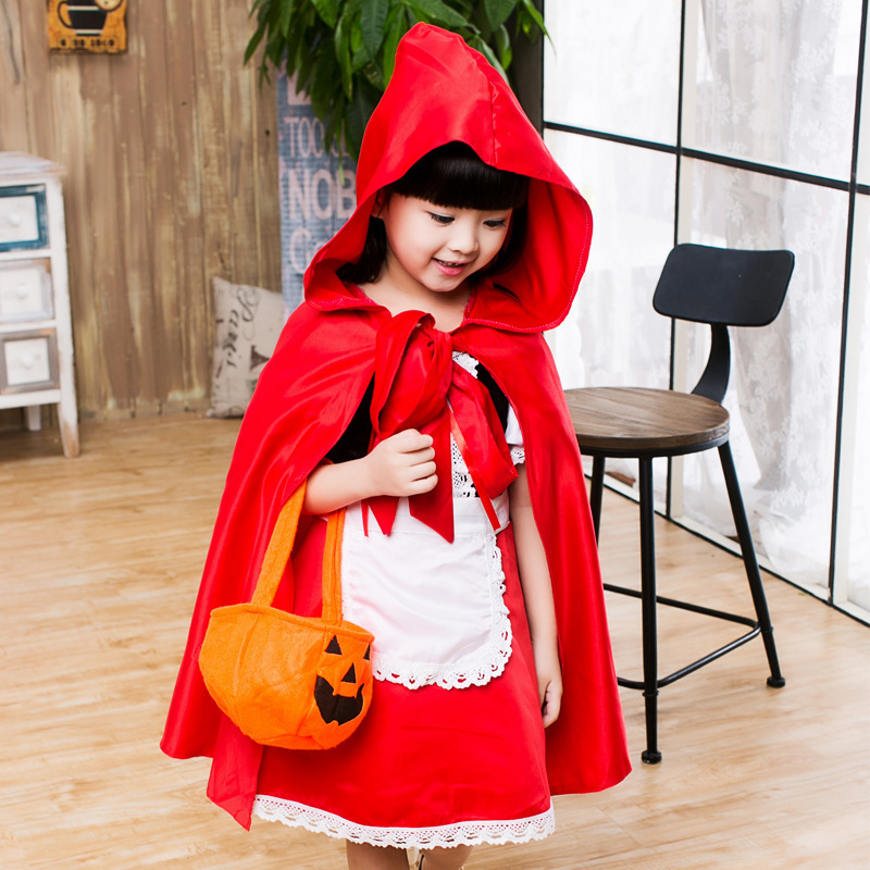 2024 Halloween Little Red Riding Hood Cosplay Costume for Kids Dress Halloween Carnival Party Girls Fancy Dress with Pumpkin Bag