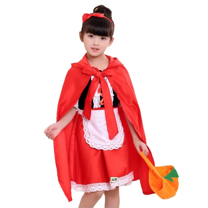 2024 Halloween Little Red Riding Hood Cosplay Costume for Kids Dress Halloween Carnival Party Girls Fancy Dress with Pumpkin Bag