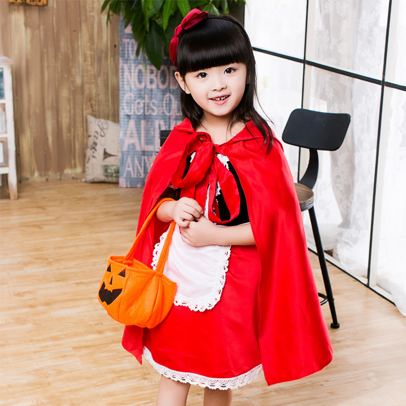 2024 Halloween Little Red Riding Hood Cosplay Costume for Kids Dress Halloween Carnival Party Girls Fancy Dress with Pumpkin Bag