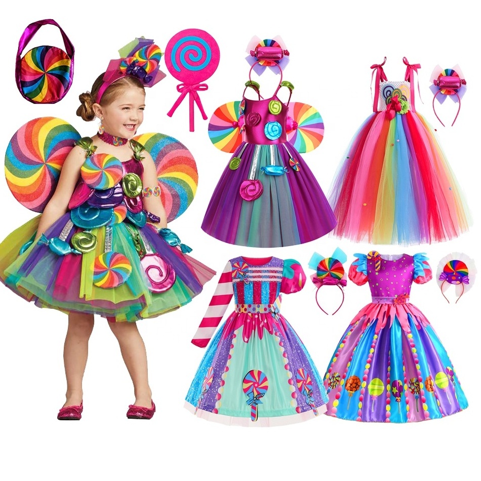 Carnival Party Birthday Rainbow Candy Lollipop Tutu Dress Costume for Girls Cotton Candy Dresses Halloween Clothes with Headband