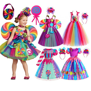 Carnival Party Birthday Rainbow Candy Lollipop Tutu Dress Costume for Girls Cotton Candy Dresses Halloween Clothes with Headband