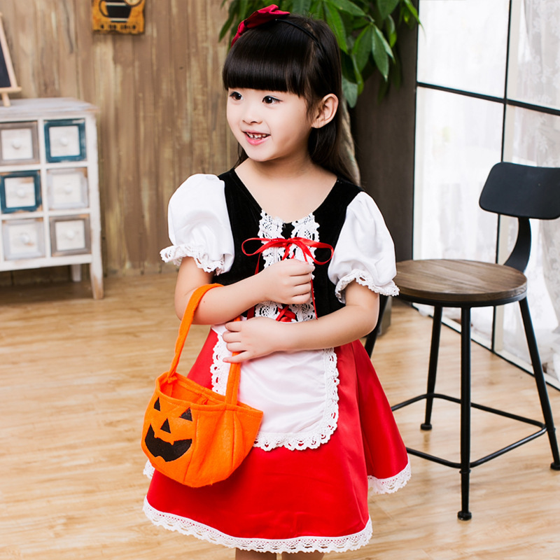 2024 Halloween Little Red Riding Hood Cosplay Costume for Kids Dress Halloween Carnival Party Girls Fancy Dress with Pumpkin Bag