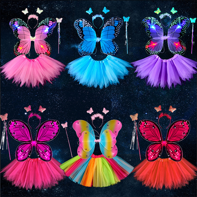 New Kids Birthday Butterfly Dress Up Girl Performance Fairy Dress Halloween Party Cosplay Tutu Skirt with Cute Light Wing