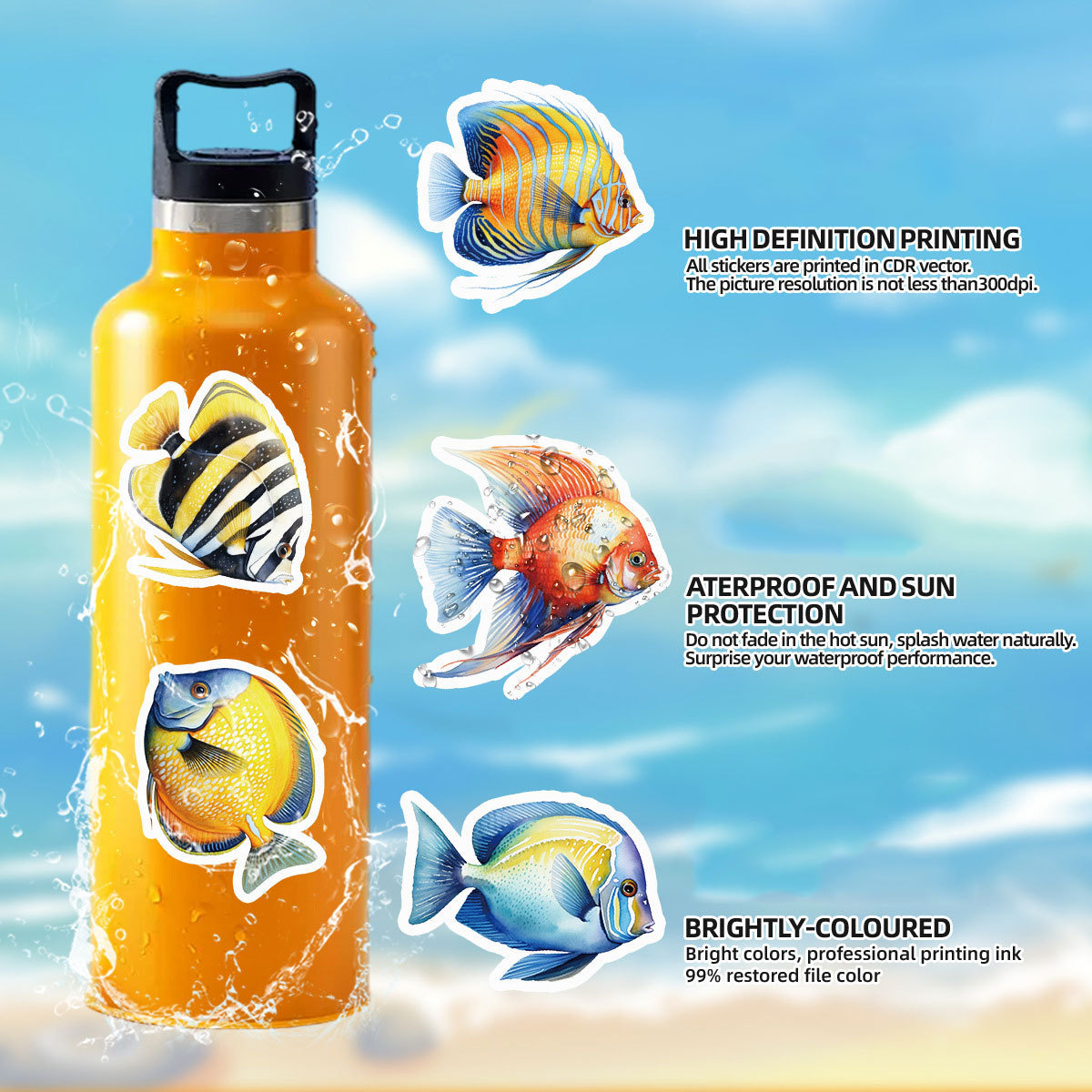 Factory price Waterproof Bottle Refrigerator Laptop Vinyl Fishing Marine Fish 50Pcs Simulated Sea Fish Graffiti Cartoon Stickers