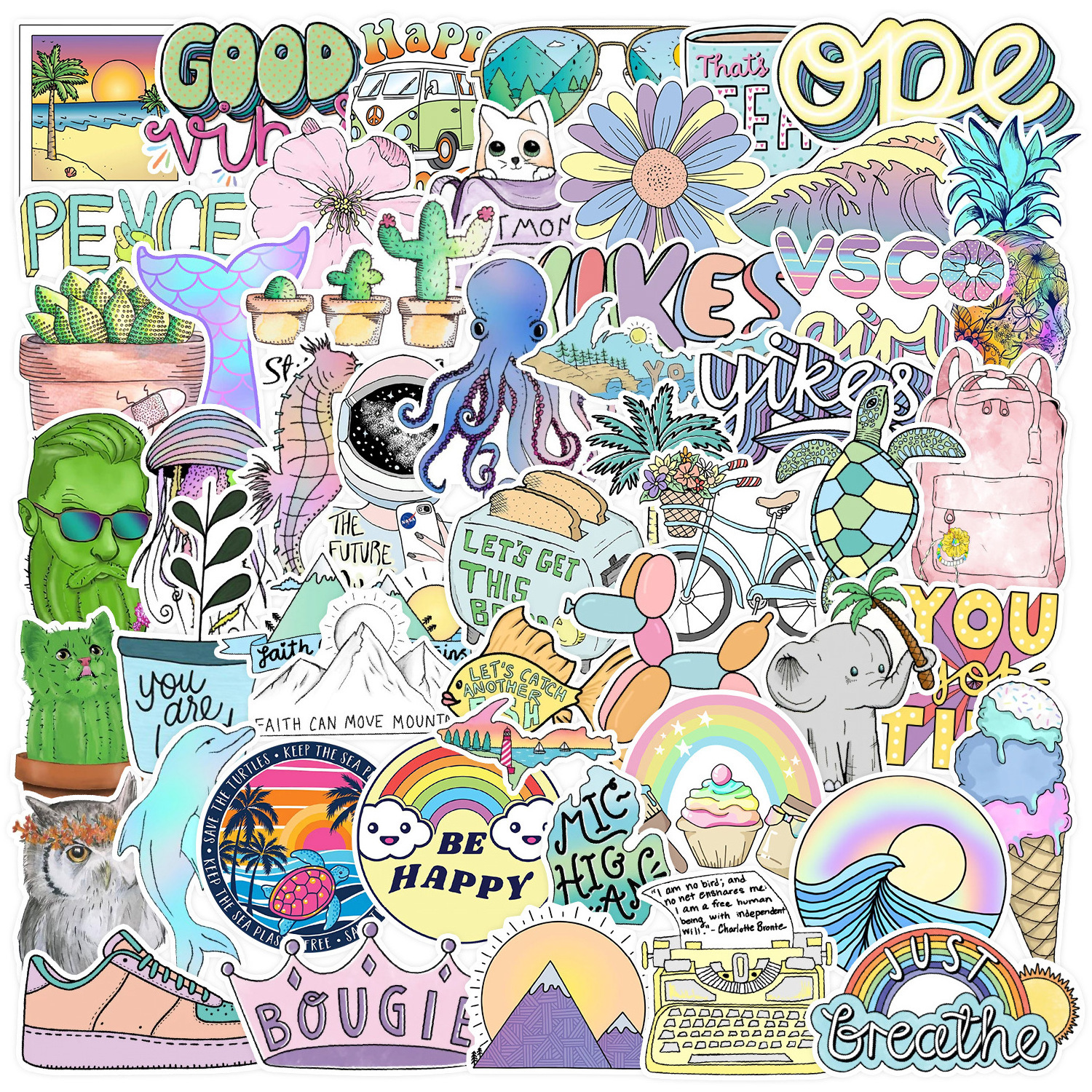 Hot sale MOQ 50Pcs sticker summer travel colorful ocean VSCO style cartoon printing waterproof stickers