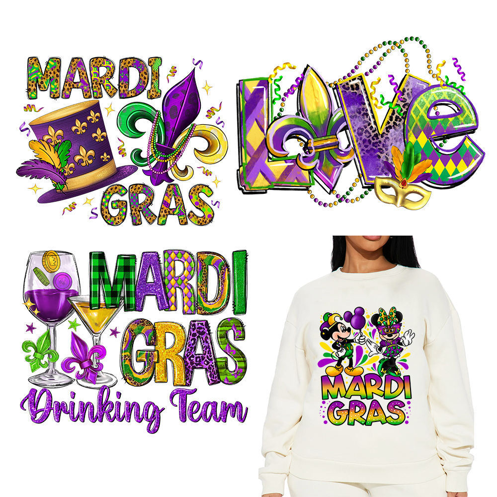 Ready-to-Press Heat Transfer Custom Mardi Gras Designs for Garment Decoration DTF Transfers with Plastisol Inks