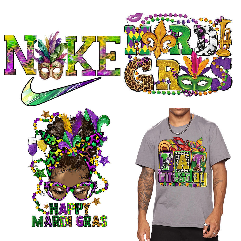 Ready-to-Press Heat Transfer Custom Mardi Gras Designs for Garment Decoration DTF Transfers with Plastisol Inks