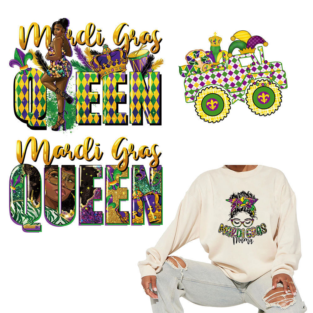 Ready-to-Press Heat Transfer Custom Mardi Gras Designs for Garment Decoration DTF Transfers with Plastisol Inks