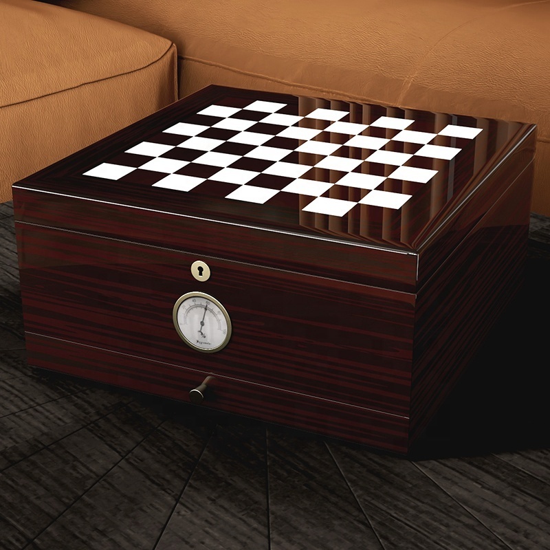 High Glossy Lacquered Empty Gift Storage Cedar Wood Chess Game Board Cigar Humidor Cabinet Custom With Drawer