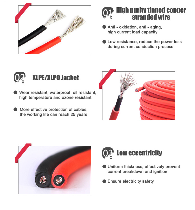 TUV Approval XLPO Insulated Tinned Copper Solar Wire 4mm 6mm 10mm 16mm PV Cable Solar DC Panel Power Cable