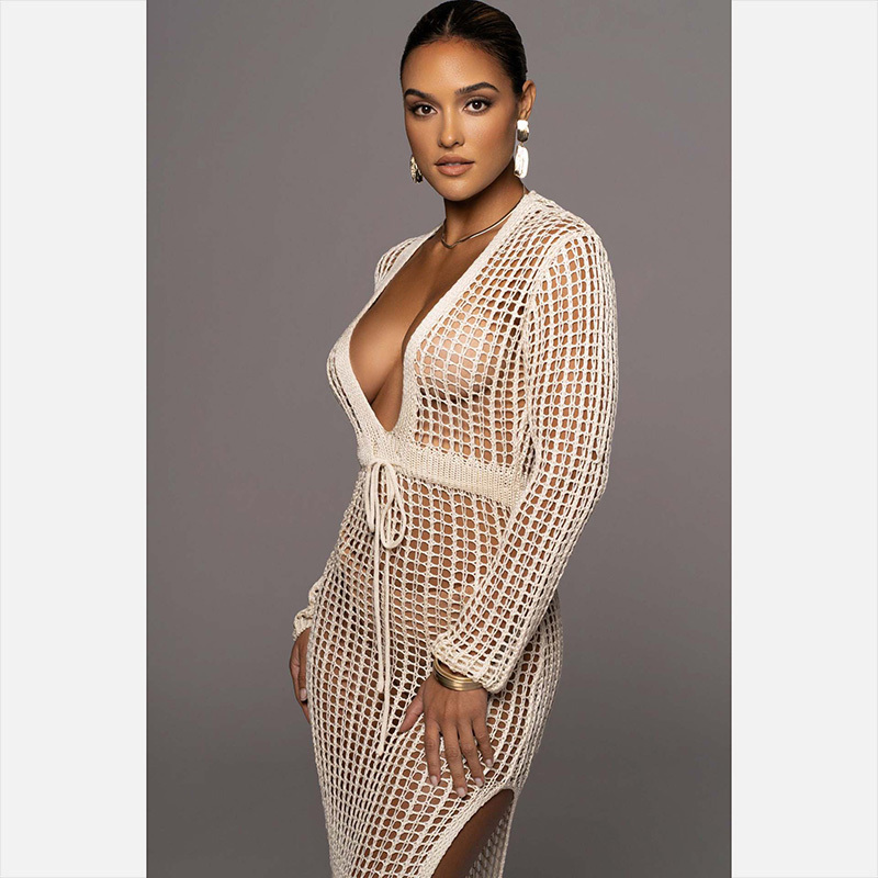 2023 Summer Boho Crochet Dress V-Neck Metallic Swimwear Women Sexy See Through Bikinis Beach Cover Up Swimsuits for Women