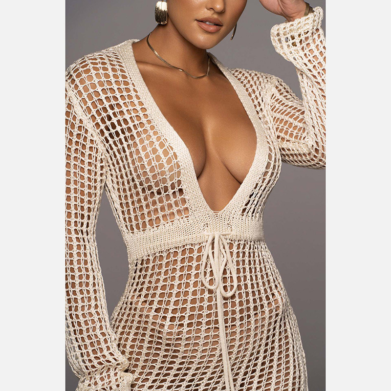 2023 Summer Boho Crochet Dress V-Neck Metallic Swimwear Women Sexy See Through Bikinis Beach Cover Up Swimsuits for Women