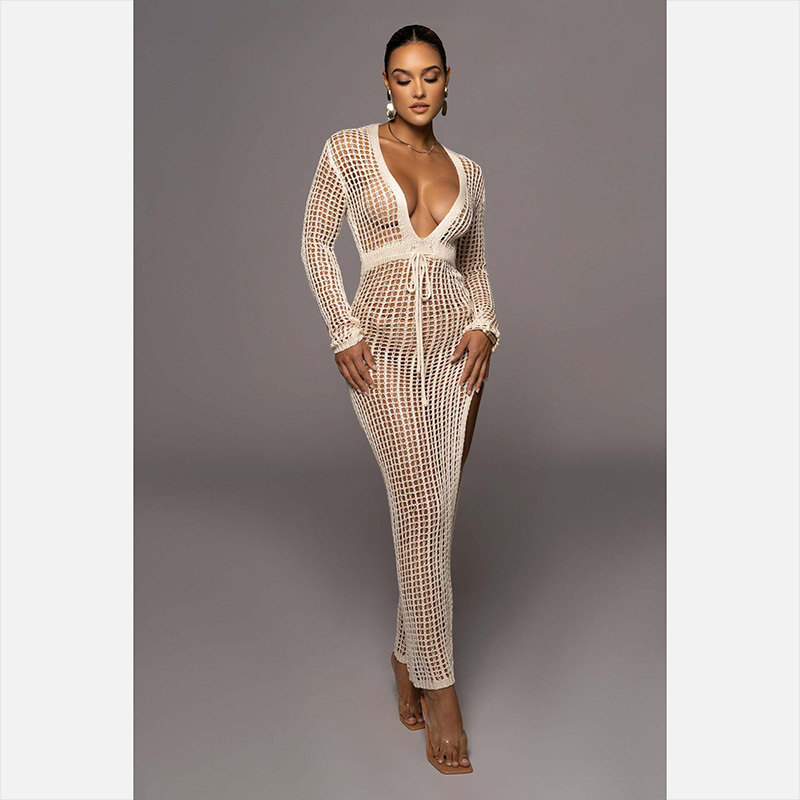 2023 Summer Boho Crochet Dress V-Neck Metallic Swimwear Women Sexy See Through Bikinis Beach Cover Up Swimsuits for Women