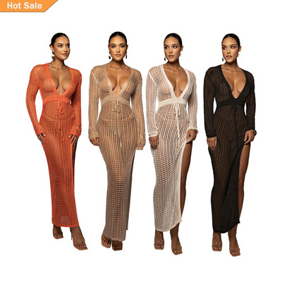 2023 Summer Boho Crochet Dress V-Neck Metallic Swimwear Women Sexy See Through Bikinis Beach Cover Up Swimsuits for Women