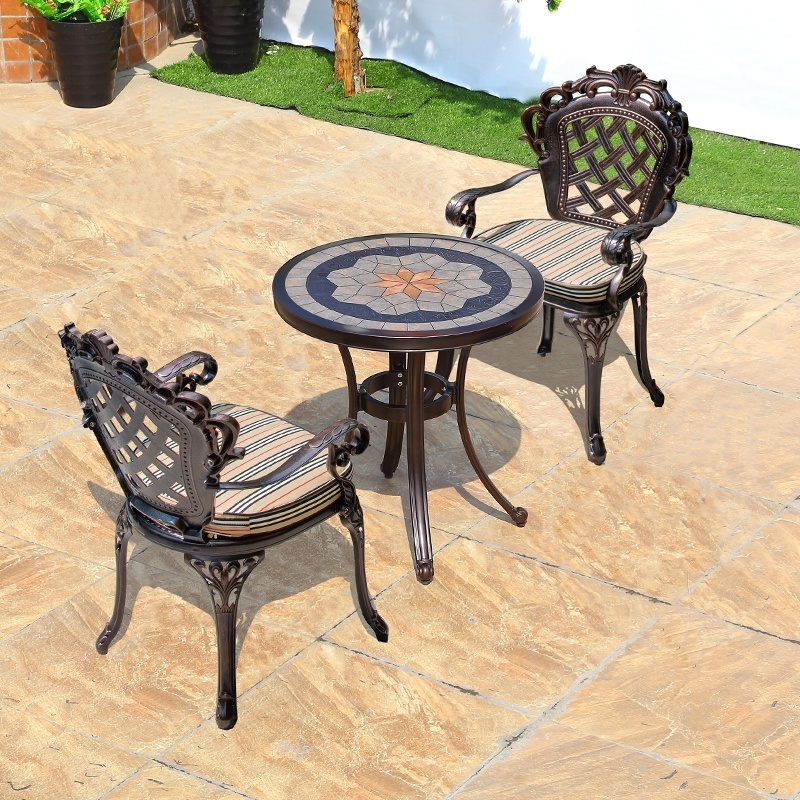 Luxury Outdoor Garden Patio ceramic tile coffee table furniture aluminum Round balcony Table and 2 chairs set