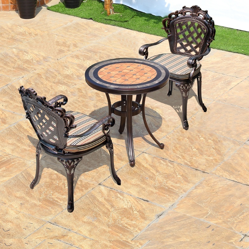 Luxury Outdoor Garden Patio ceramic tile coffee table furniture aluminum Round balcony Table and 2 chairs set