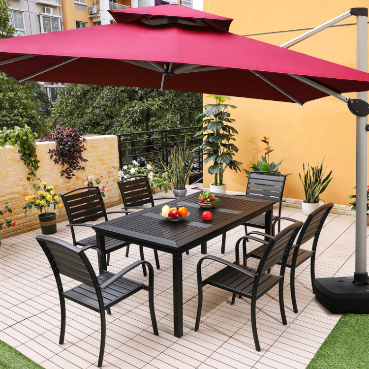 Modern Black Outdoor Dining Table and Chairs with Umbrella Patio Garden Outside Furniture Set Manufacturer Wooden Furniture Wood