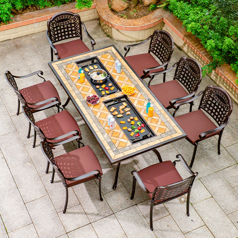 Modern Outdoor Patio Furniture Sets With Fire Pit Round Cast Aluminum Barbecue Table And Chairs