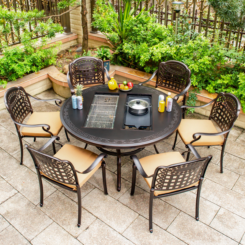 Modern Outdoor Patio Furniture Sets With Fire Pit Round Cast Aluminum Barbecue Table And Chairs