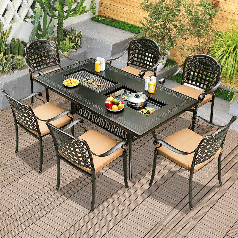 Modern Outdoor Patio Furniture Sets With Fire Pit Round Cast Aluminum Barbecue Table And Chairs