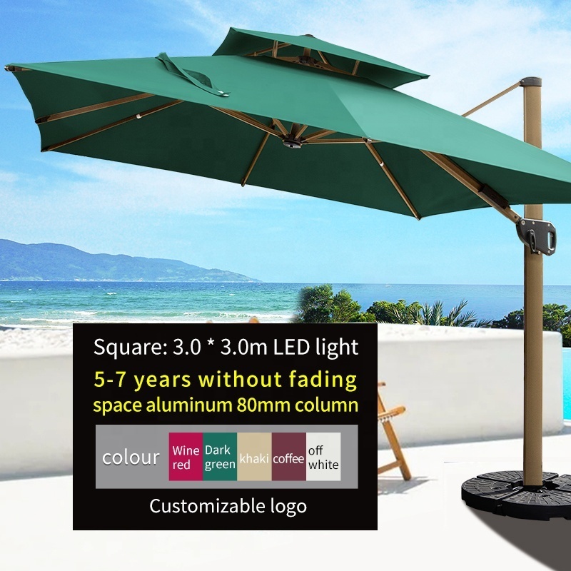 outdoor beach poolside umbrella Aluminum 3m square with led light parasols garden 118 inch Cantilever sun patio umbrellas