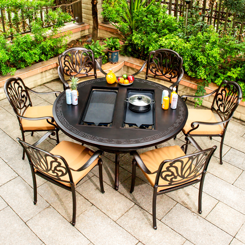 Luxury Cast Aluminum Patio Furniture Sets With Fire Pit Outdoor Korean Bbq Restaurant Table And Chairs