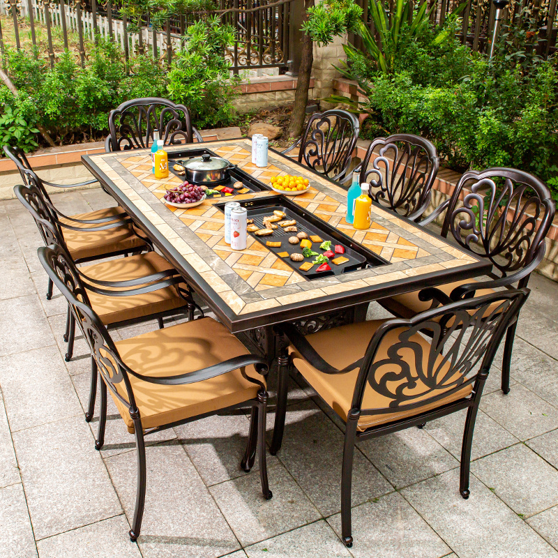 Luxury Cast Aluminum Patio Furniture Sets With Fire Pit Outdoor Korean Bbq Restaurant Table And Chairs