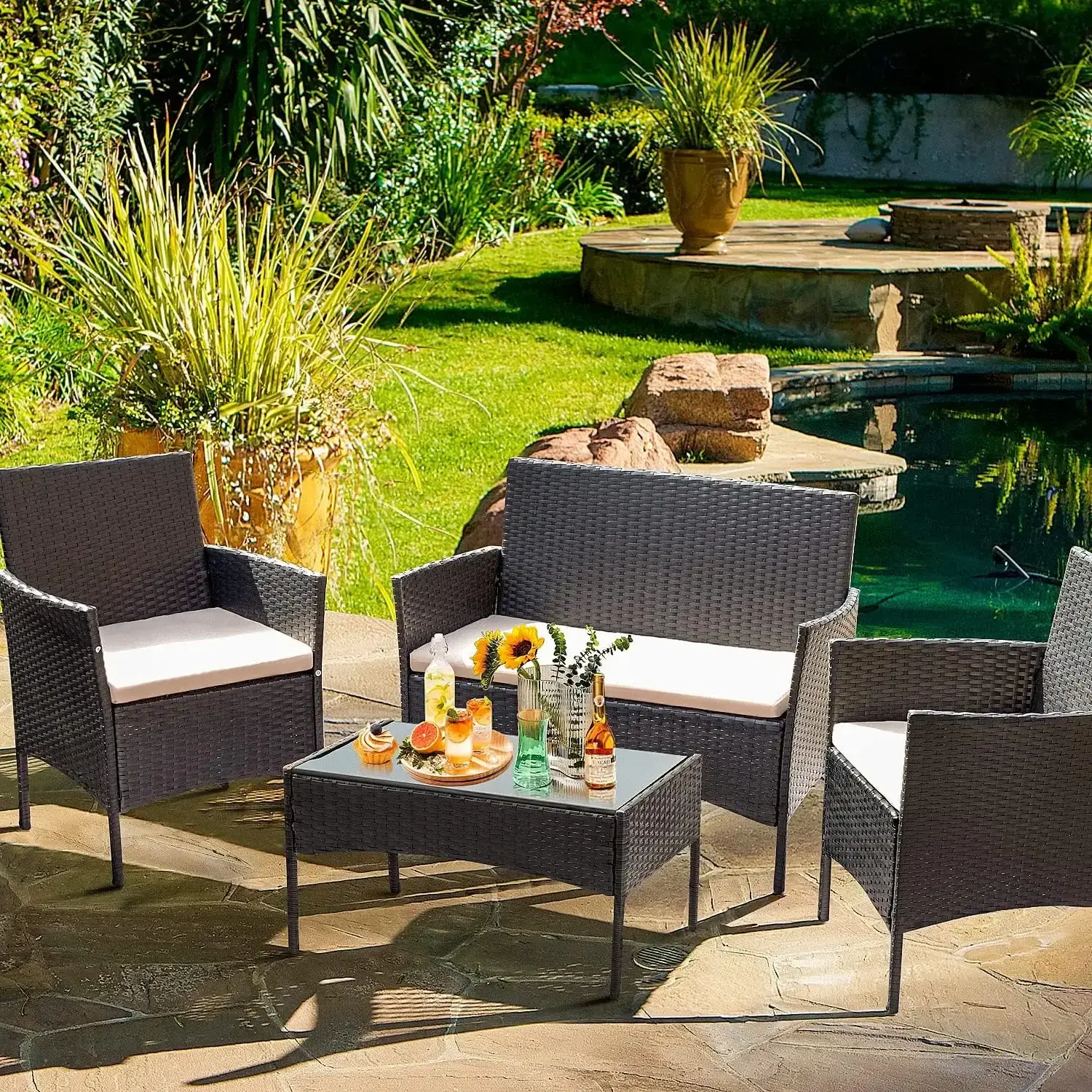 Home And Garden Courtyard Furniture plastic Rattan Dining Table Set Outdoor Wicker rattan furniture Set Garden sofa Set