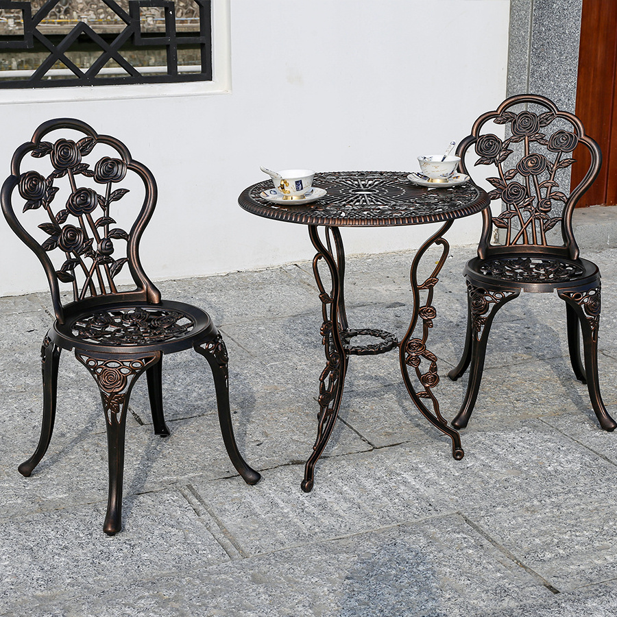 3pcs Outdoor Balcony Set Metal KD Furniture Cast Aluminum Small Rose Bistro Patio Table And Chairs