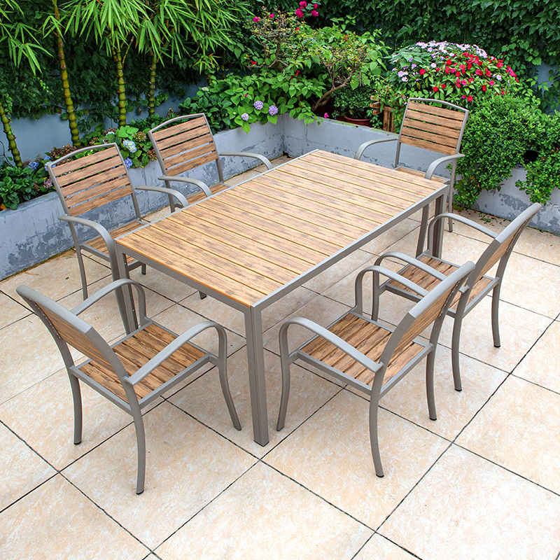 Low MOQ Outdoor Restaurant Tables And Chairs Outdoor long desk Plastic Wood Dining Table Set Garden furniture