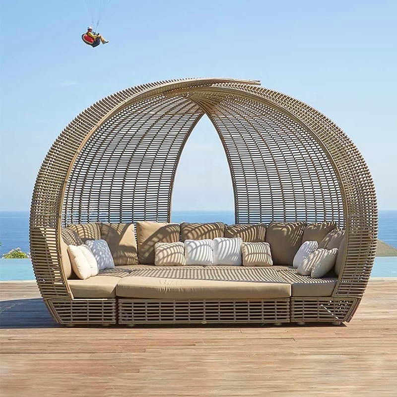 Nordic patio canopy daybed outdoor lounge chair sofa garden beach rattan furniture aluminium outside daybed with canopy