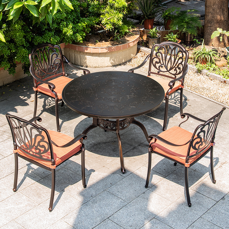 Outdoor Garden Patio Furniture  with fire pit Courtyard aluminum 6 Seat Round Table chairs Waterproof  garden BBQ Table sets