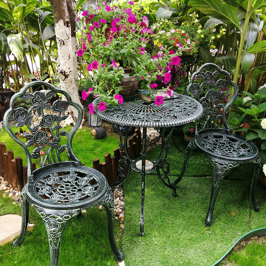 3pcs Outdoor Balcony Set Metal KD Furniture Cast Aluminum Small Rose Bistro Patio Table And Chairs