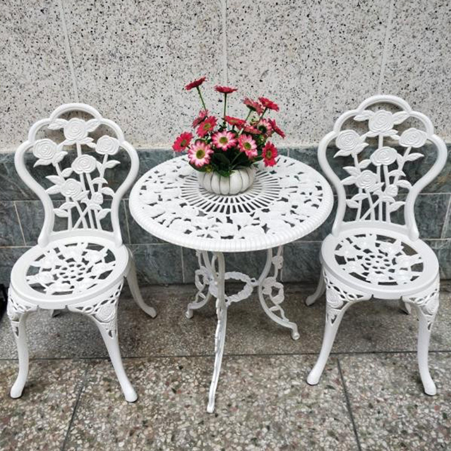 3pcs Outdoor Balcony Set Metal KD Furniture Cast Aluminum Small Rose Bistro Patio Table And Chairs