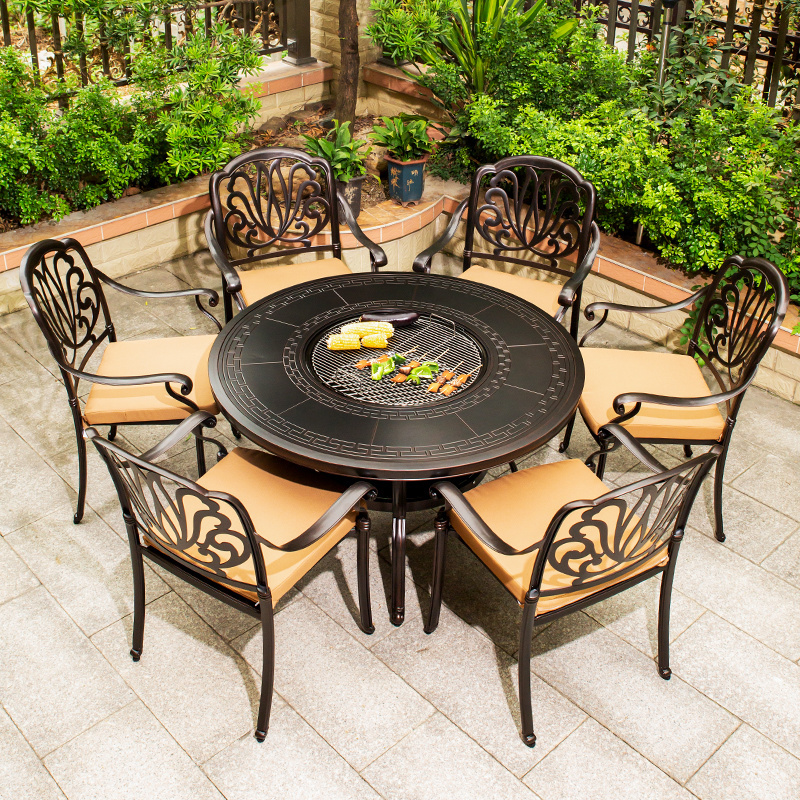 Luxury Cast Aluminum Patio Furniture Sets With Fire Pit Outdoor Korean Bbq Restaurant Table And Chairs