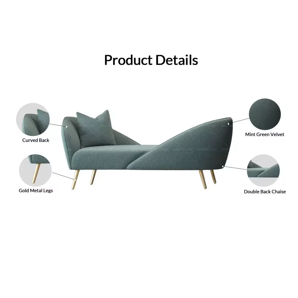 Modern Contemporary Mint Green Velvet Chaise Upholstered Double Back Chaise Lounges with Sturdy Gold Metal Legs