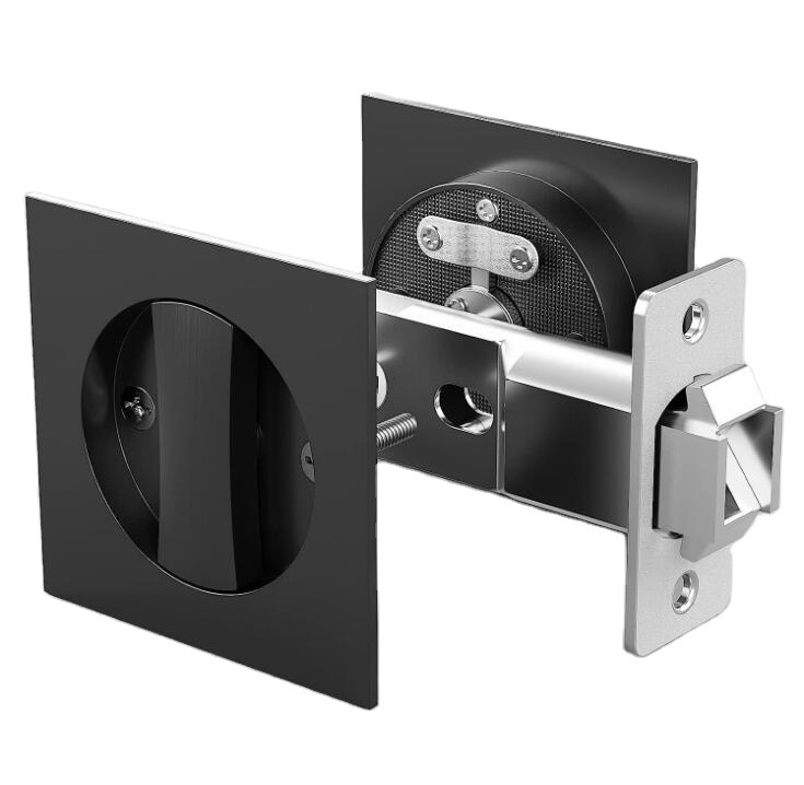 Zinc Alloy 2-Sided Black Door Hardware Key Entry Square Sliding Barn Pocket Door Lock Latch for Bathroom Office Building